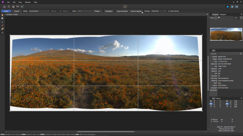 Affinity Photo did an excellent job stitching this hand held panorama.