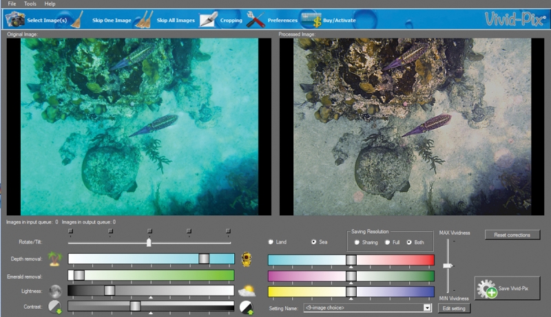 Land and Sea automatically removes the aqua color cast typical of amateur underwater photography. It also works for topside photography, correcting for haze and exposure problems, and improving colors.