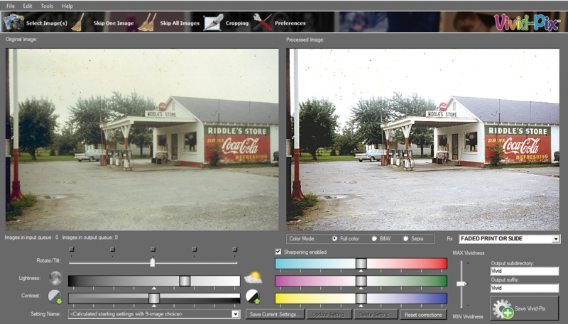 Though it won't remove dust and scratches, Restore can do a quick fix on faded slides, improving contrast and brightness based on your selection of nine variables.