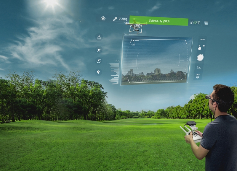 The Moverio BT-300 glasses give pilots an overlay showing the drone camera's point of view while maintaining their line of sight with the drone.