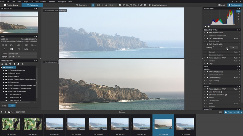 PhotoLab 2 shows before and after views of adjustments, in this case the DxO ClearView Plus adjustment.