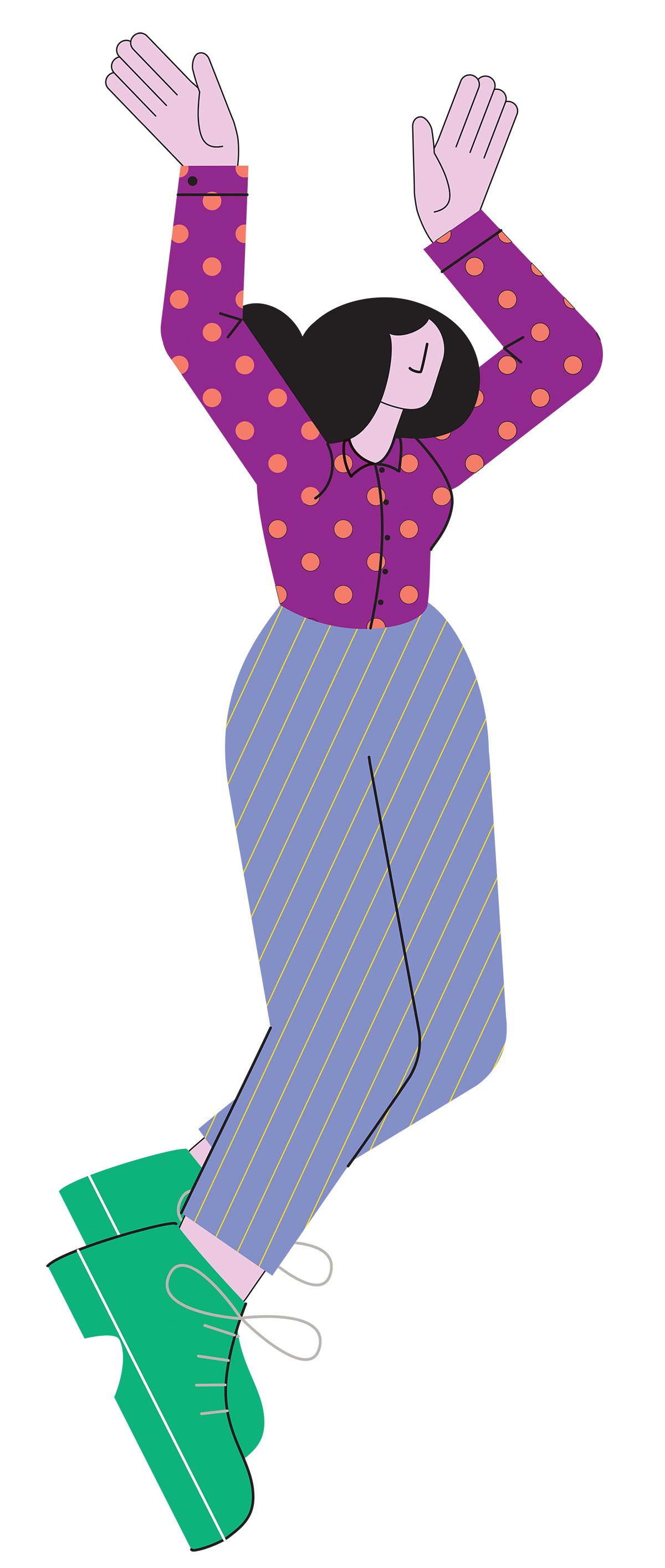 Illustration of a lady dressed in purple jumping for joy