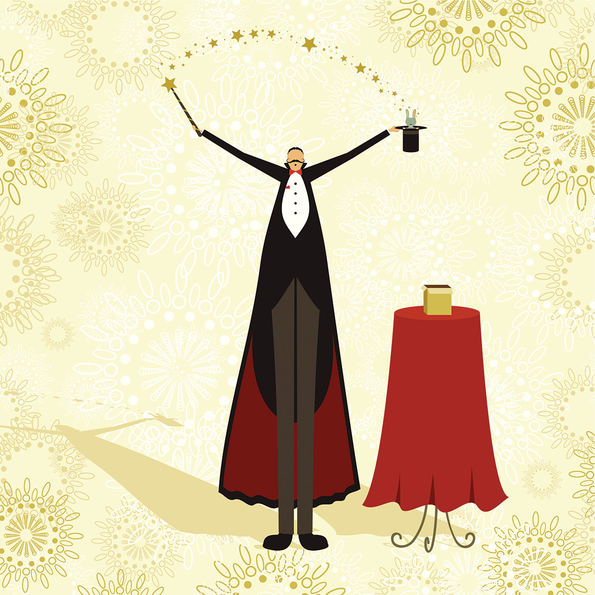 Drawing of a magician holding a top hat and wand