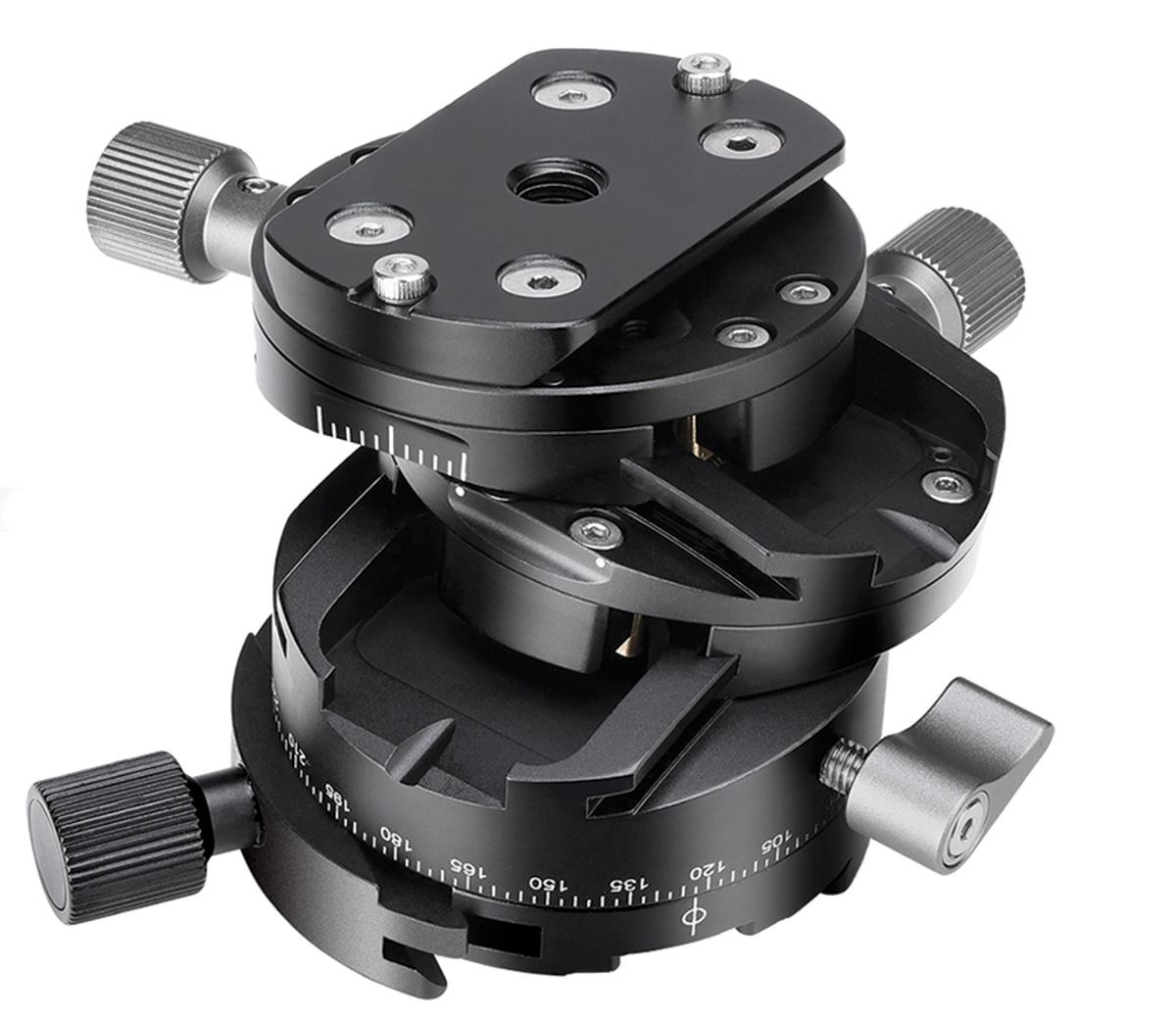 A Leofoto G2 geared tripod head with each level moved to a tilt degree on a white background