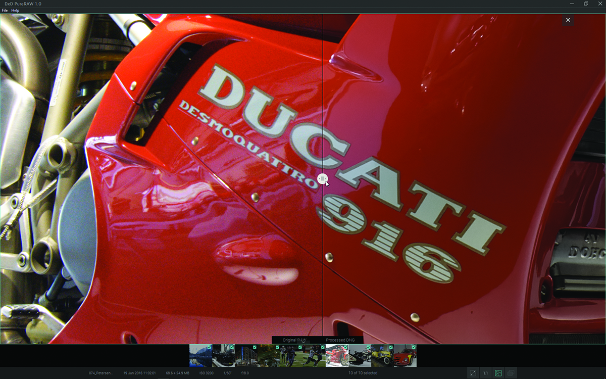 DxO slider interface shows before and after views of photo of red Ducati tank