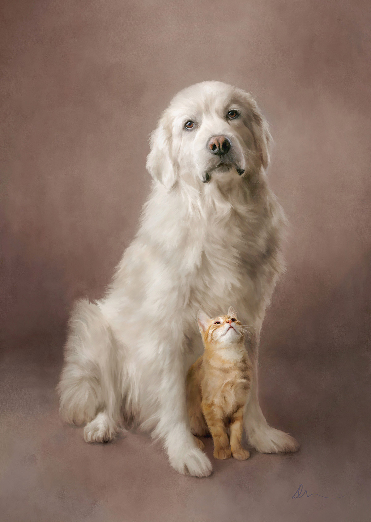 A digital painting of a large white dog with a small ginger kitten between its front legs against a brown background
