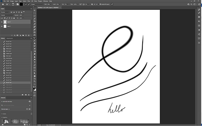 Adobe Photoshop user interface showing pen and brush options and examples of pen strokes at different weights and tilts.