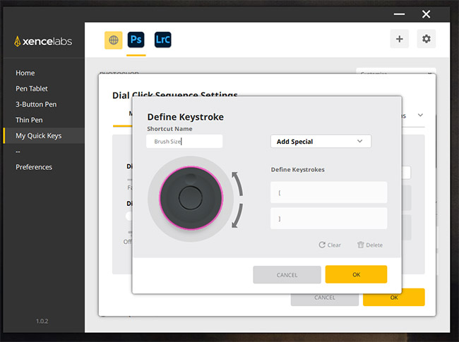 The user interface that assigns tasks to the Xencelabs Quick Keys