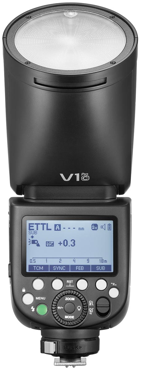 The front of a Godox V1Pro flash, flash pointed up, showing the LED screen and controls