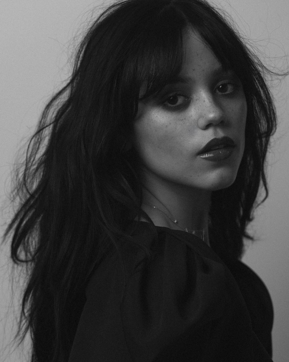 black-and-white portrait of Jenna Ortega