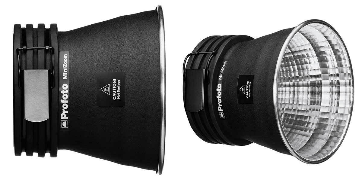 Product shots of the Profoto MiniZoom hard reflector, one directly side-on and one at a 3/4 angle that shows the reflective interior
