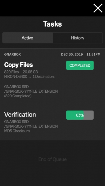 The Safekeep app is visually simple yet full-featured.
You can view task statuses, preview images and
videos, and more.