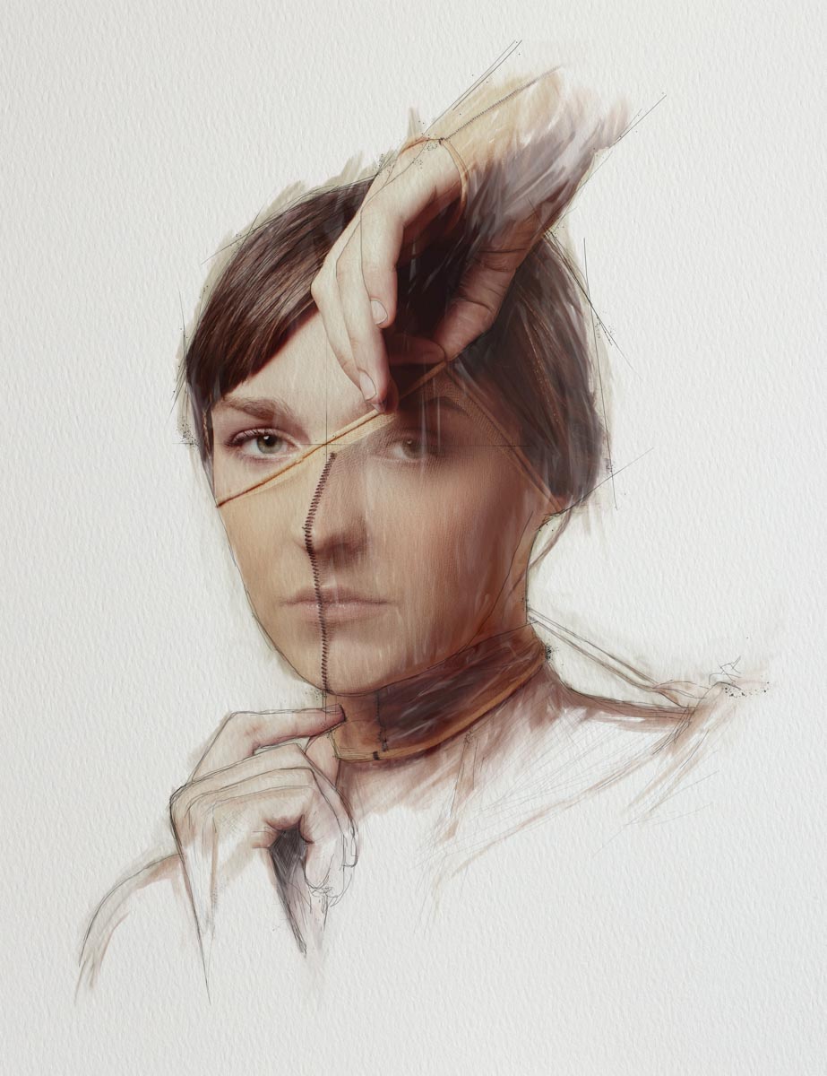 painted portrait of a woman that looks like a sketch