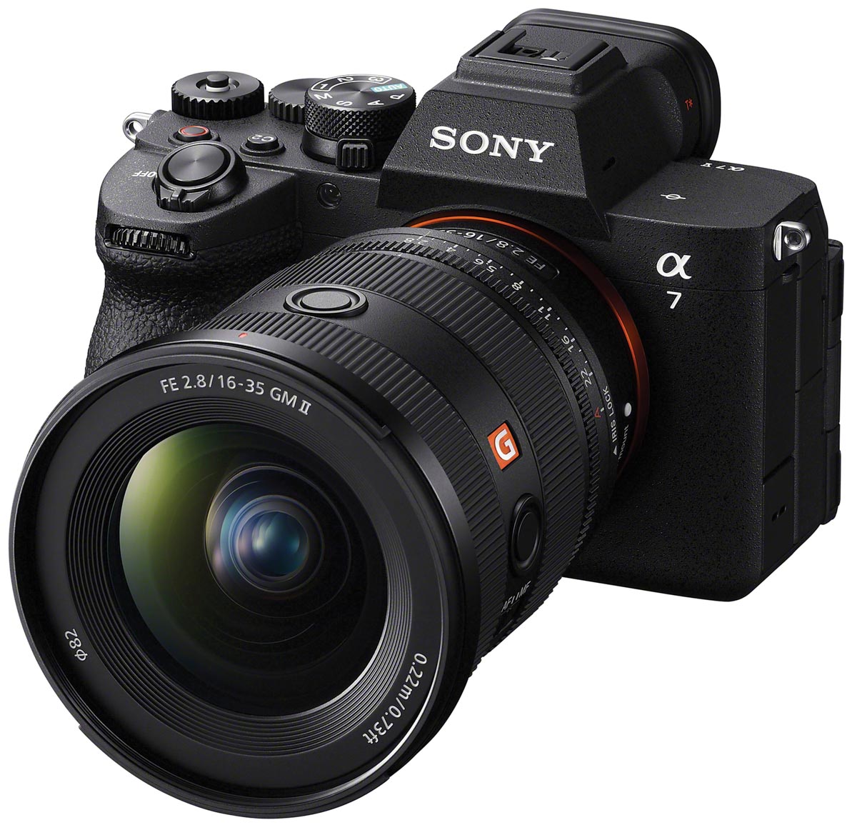 a product shot of the Sony a7 V camera with a 16-35mm lens attached