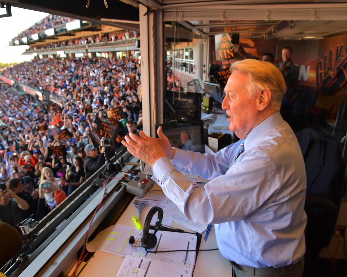 sports commentator Vin Scully at a Dodgers game